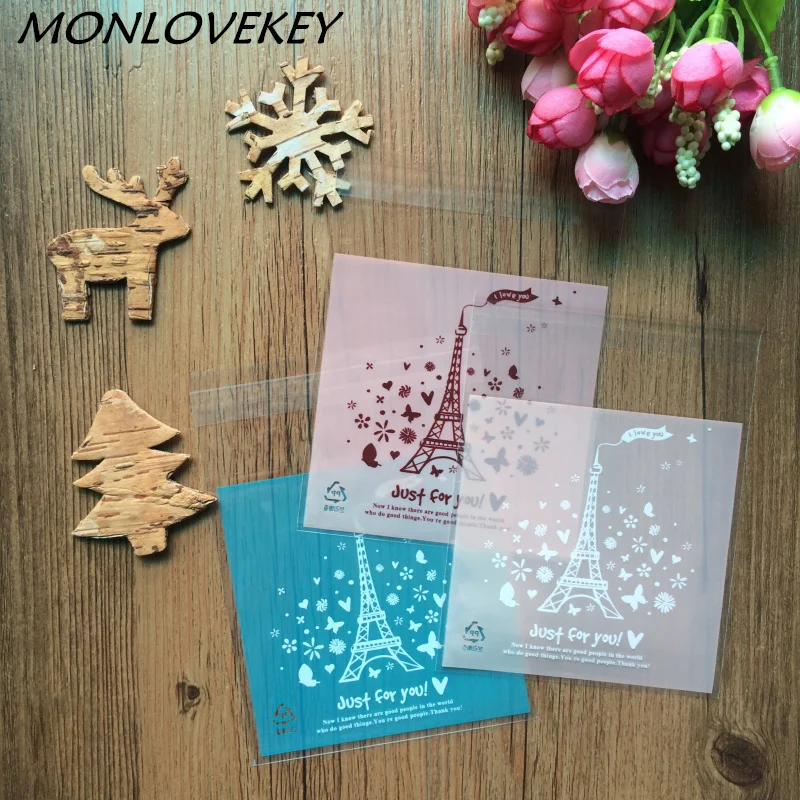 

50pcs/lot Cookie Packaging Eiffel Tower Self-adhesive Plastic Bags for Biscuits Baking Package Small Plastic Bags 10X10+3CM
