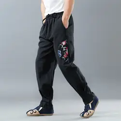 Для мужчин из хлопка и льна Повседневные штаны Мужской эластичный пояс китайский Стиль кунг-фу штаны-шаровары Jogger Мотобрюки