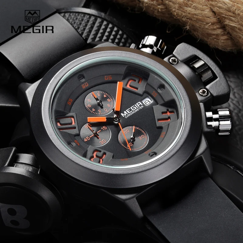 Prix pour Megir Mode Hommes Bande de Silicone Sport Montres À Quartz Affichage Analogique Chronographe Noir Montre pour Homme avec Calendrier 2002 Prix pour Megir Mode Hommes Bande de Silicone Sport Montres À Quartz Affichage Analogique Chronographe Noir Montre pour Homme avec Calendrier 2002