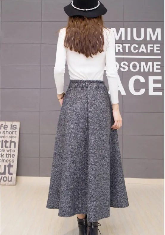 Elegant High Waist Thick Wool Vintage Korean Women Skirts New Female Robe Office Wear Bandage Peated Long Skirts FW119