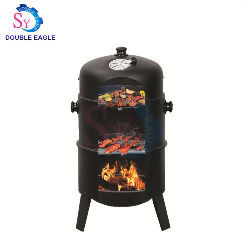 Outdoor folding cylindrical black outdoor charcoal grill/Three in one charcoal smoker barrel oven/Iron smoky furnace