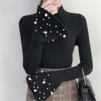 

women's clothing 2019 new arrival women spring autumn turtlemeck flare sleeve knitted sweaters ladies sweet beading pullovers