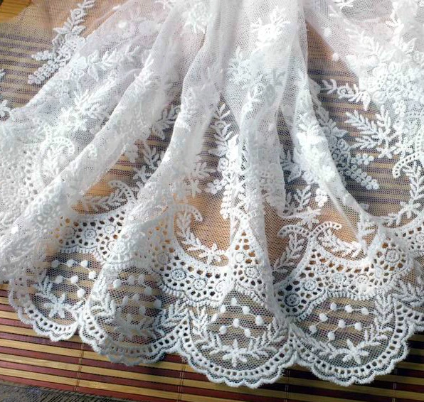 1 Yard Beige Embroidery Floral Scalloped Cotton Lace Trim Ribbon Wedding Clothes