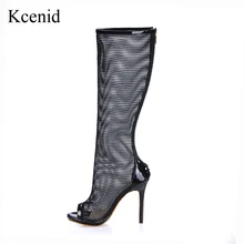 Kcenid/пикантные сетчатые туфли на высоком каблуке 12 см с открытым носком женские сапоги до колена новые летние сапоги на молнии сзади модная женская обувь, большие размеры 35-43