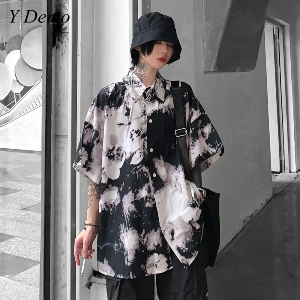 

Harajuku Loose Short Sleeve Women Tie-dyed Turn Down Collar Shirt Summer New T-shirt