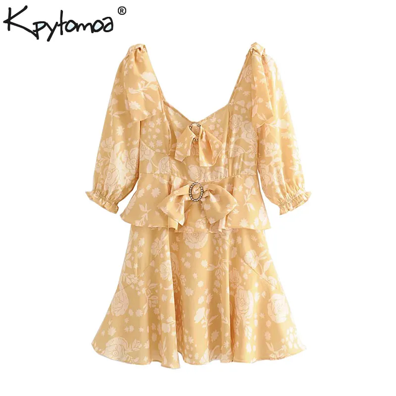 

Vintage Stylish Floral Print Ruffled Mini Dress Women 2019 Fashion V Neck Short Sleeve Bow Tie Dresses Casual Vestidos Mujer