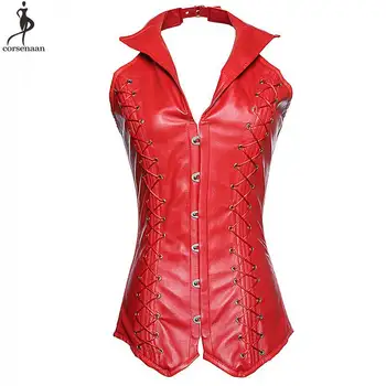 

Corset With Collar Solid Sexy Red Black Corsets Women Plus Size 6XL Steel Boned Bustier PU Faux Leather Gorthic Steampunk Gorset