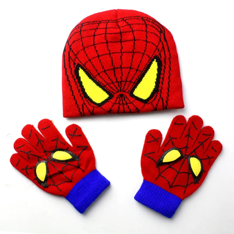 Модная теплая детская зимняя хлопковая шапка Человека-паука, комплекты перчаток для малышей, вязаная шапка с человеком-пауком