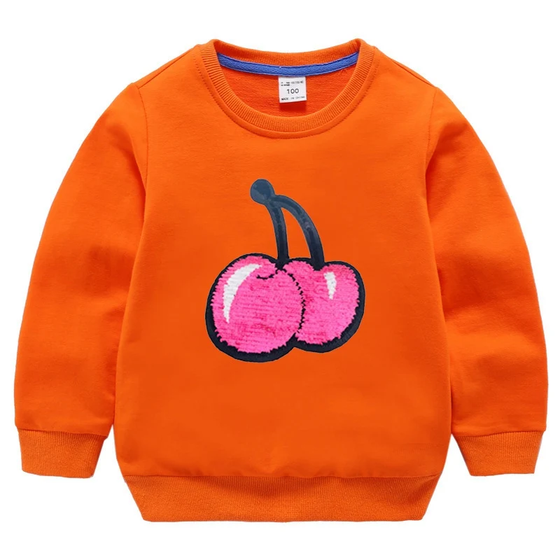 Детские толстовки с капюшоном для девочек; цвет вишни, клубники; двусторонние детские топы с блестками; осенне-зимняя детская футболка с длинными рукавами - Цвет: orange