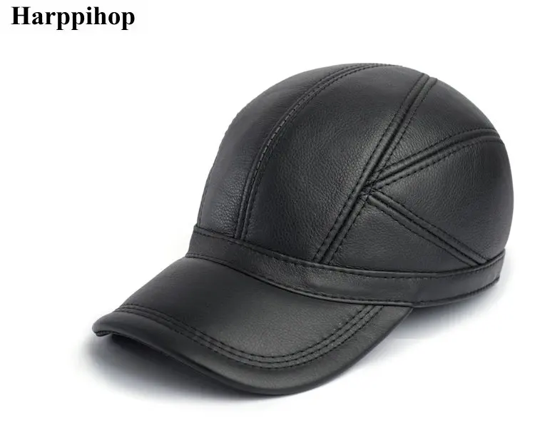 

Winter new head layer cowhide hat men casual Baseball Cap Hat ear warm leather peaked cap