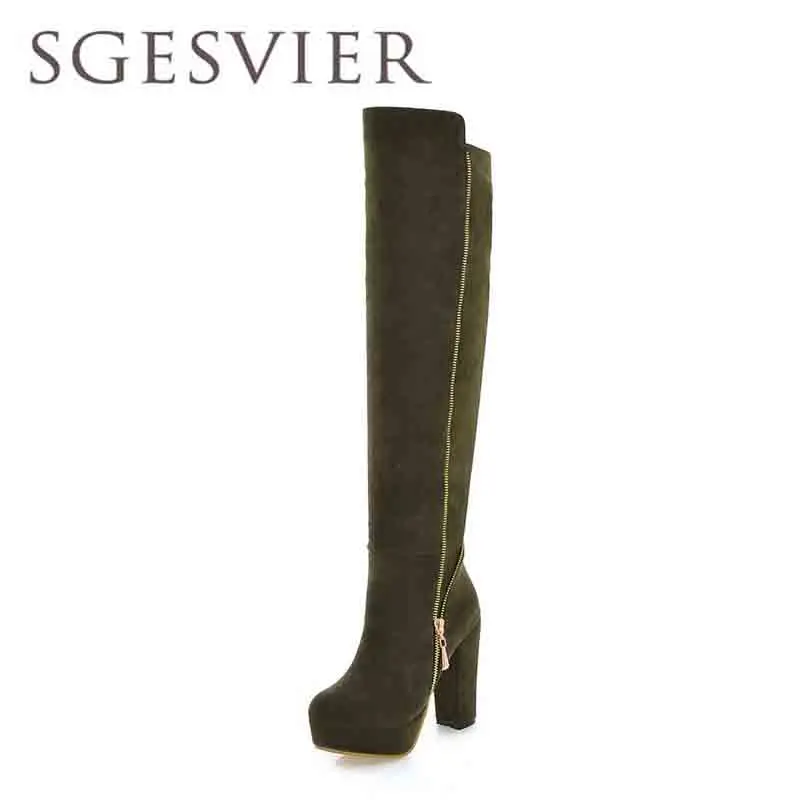 Sgesvier Для женщин Сапоги и ботинки для девочек выше колена модные Сапоги и ботинки для девочек зимние сапоги на высоком каблуке на молнии обувь на платформе, Большие размеры 34–43 леди Обувь ox099 - Цвет: army green