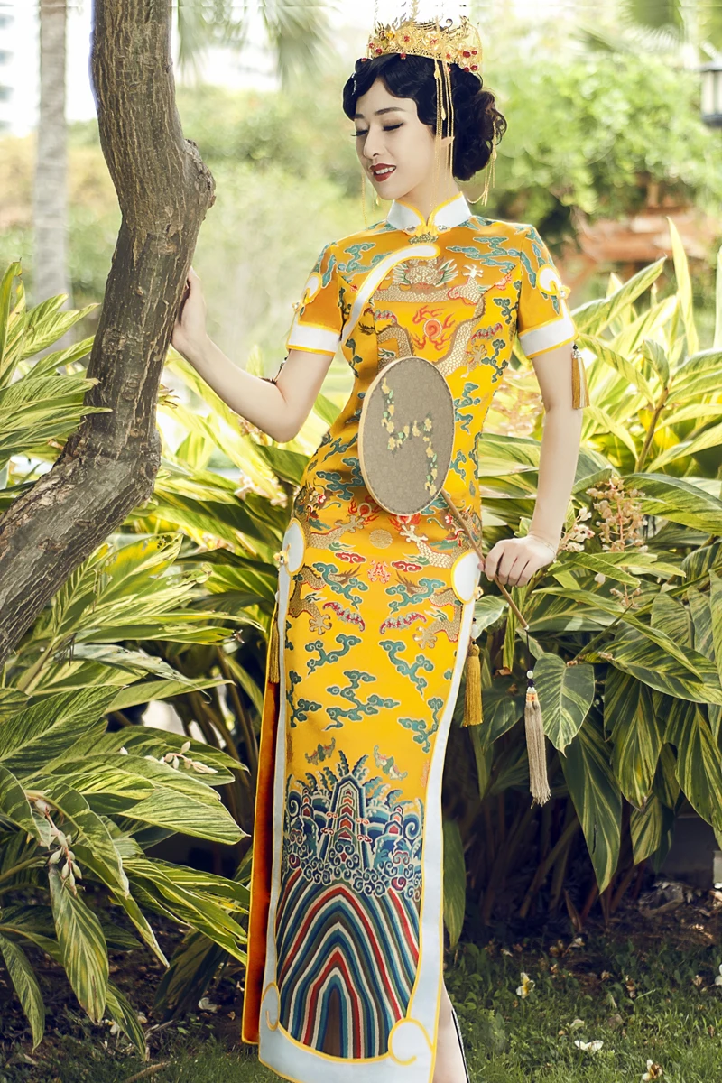 Cheongsam Китайская одежда для выступлений модифицированное платье с высоким разрезом сценическое платье с короткими рукавами и вышивкой в стиле корта с рисунком дракона