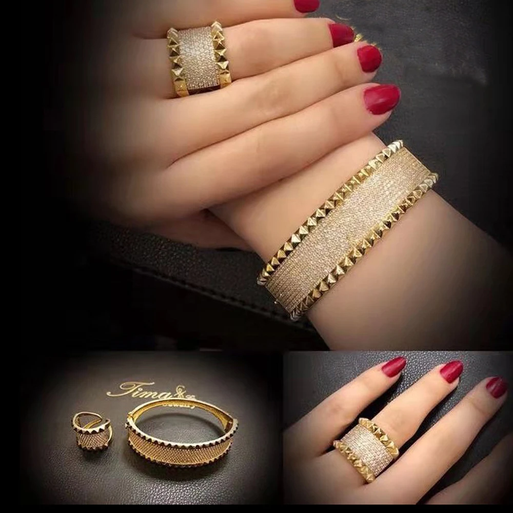 

Hip Hop Women Jewelry Set Gold Silver Color Iced Out Rhinestone Bracelet & Rings With Crystal Wedding Jewelry Set