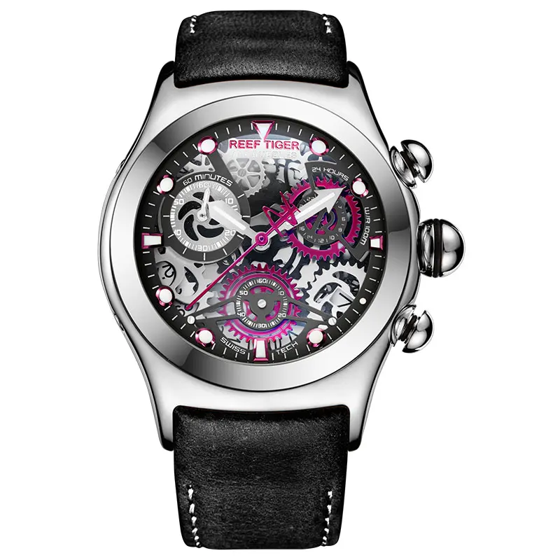Риф Тигр/RT мужские спортивные часы с хронографом Скелет циферблат Дата три счетчика стали часы RGA792