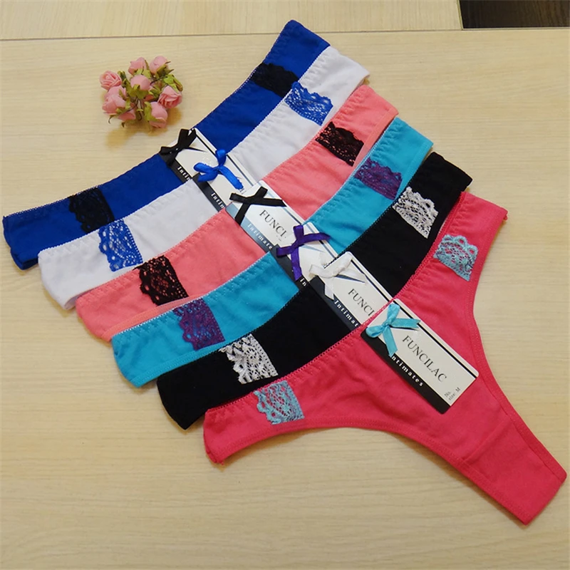 FUNCILAC 5pcs/lot Women's cotton panties Girl Briefs sexy thong low-waist cotton ladies underwear T pants Briefs M L XL