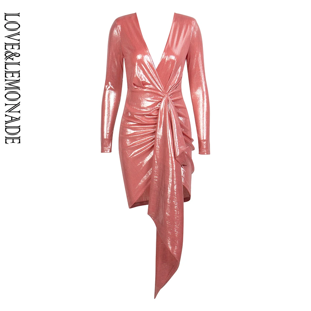 

Love&Lemonade Pink Deep V-Neck Pleated Ribbon Decoration Sparkling Fabric Bldycon Going Out Reflective Dress LM81639