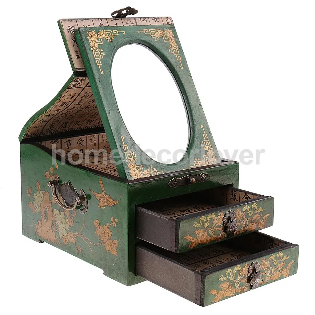 Vintage Wooden Dresser 2 Drawer 1 Mirror for Jewelry Storage Case Box Yellow