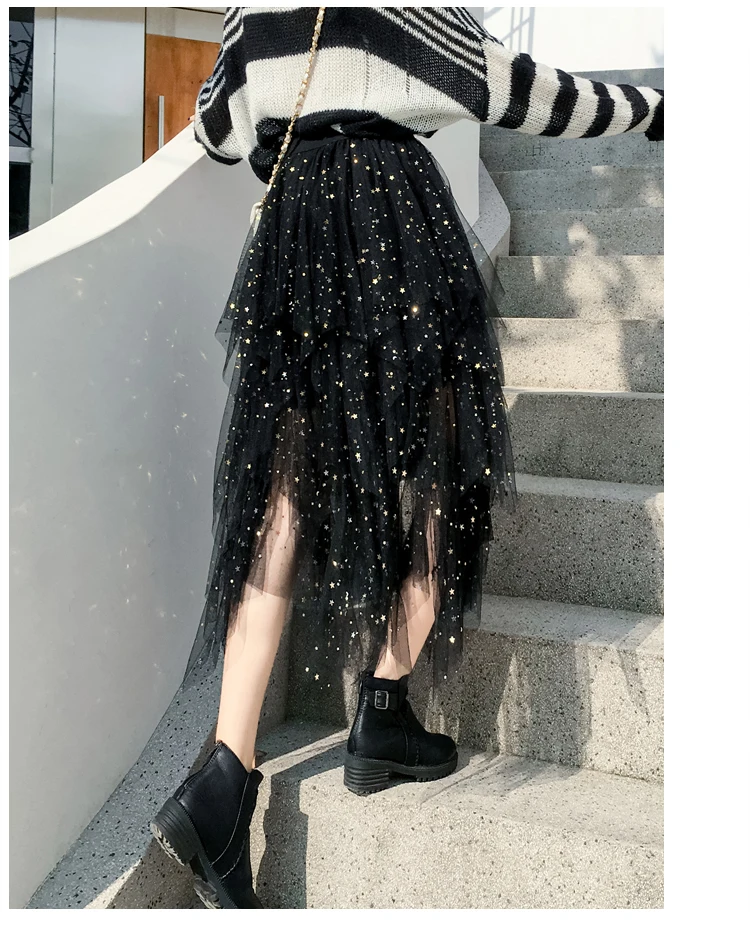 Women's Skirts Summer 2020 New Korean Stars Sequin Elegant High Waist A-line Pleated Elastic Belt School Spring Midi Skirt Femme