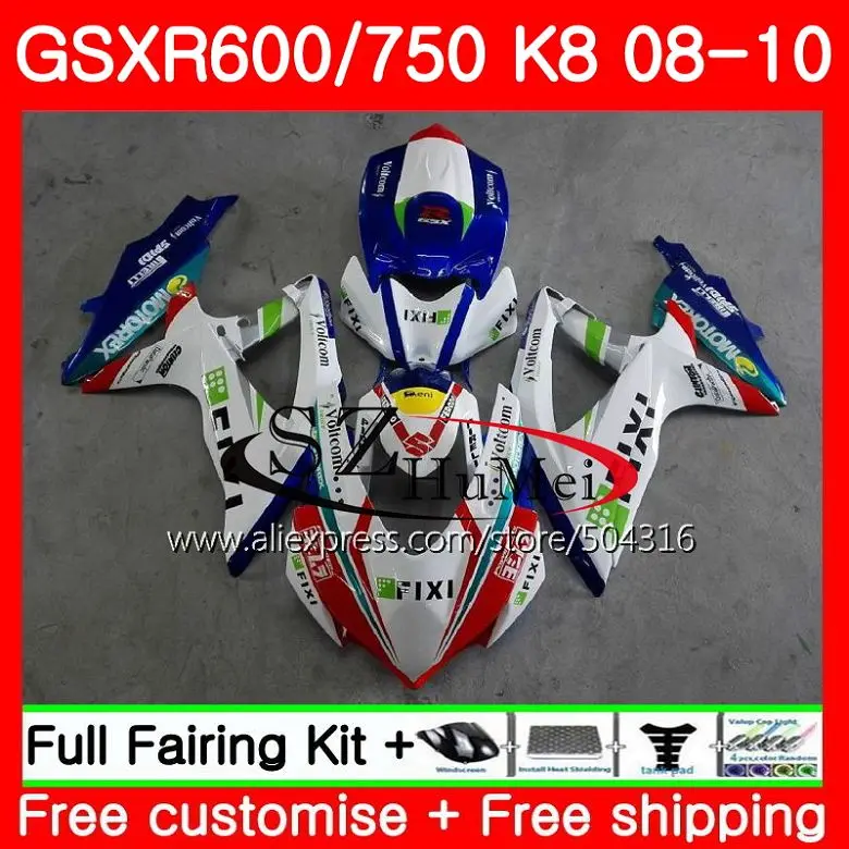 

Body For SUZUKI GSXR 750 GSX-R750 K8 GSXR 600 08 10 32HS12 GSXR750 08 09 10 GSX-R600 white blue GSXR600 2008 2009 2010 Fairing