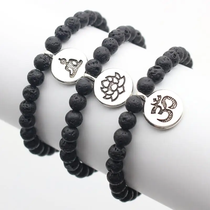 

Cute Bear Brand Volcano Lava Stone Men Bracelet Round Metal Small Pendant OM Lotus Buddha Beaded Bracelets for Men Jewelry Gift