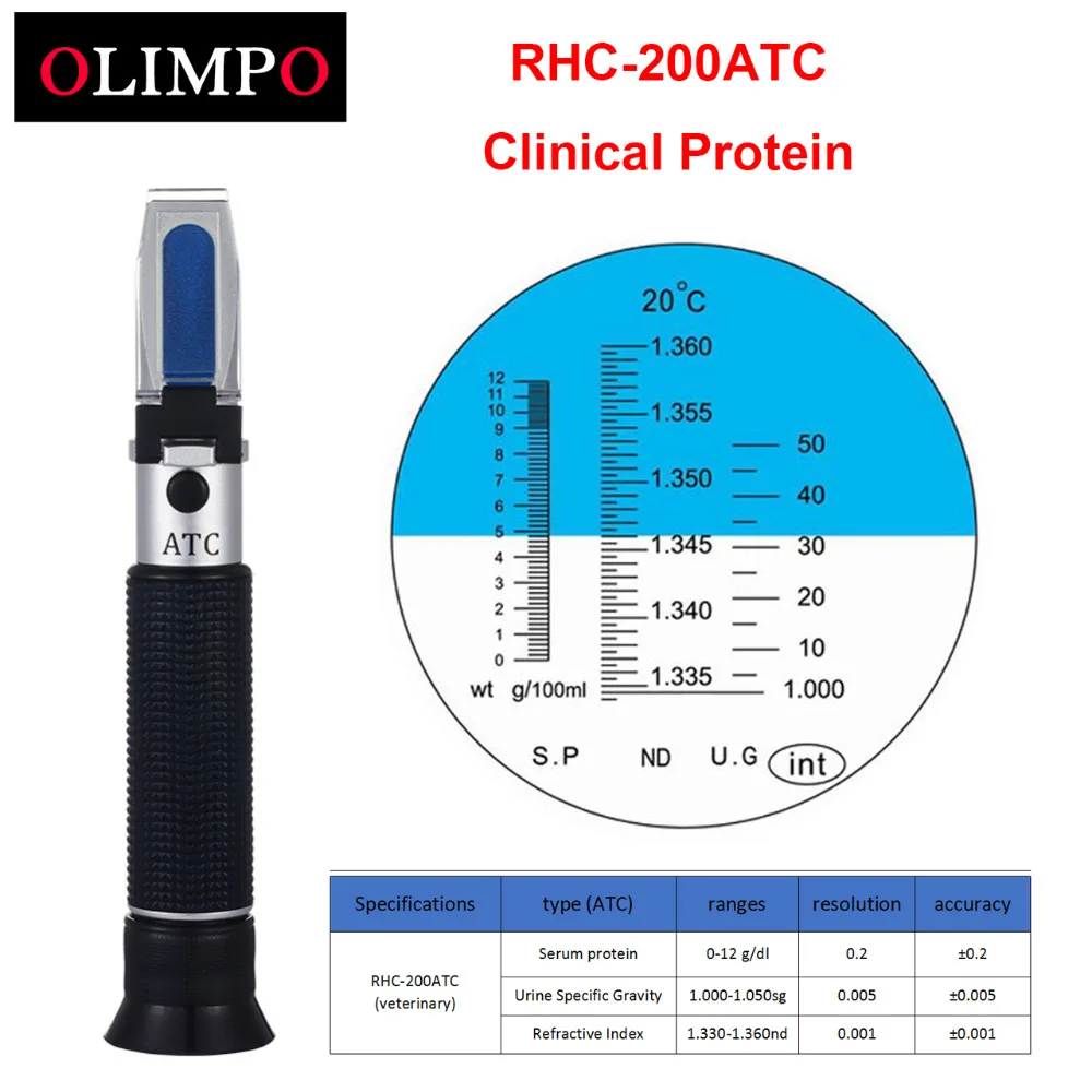 

olimpo Veterinary Clinical Refractometer RHC-200ATC Serum protein 0-12g/dl Urine 1.000-1.050sg Refractive Index