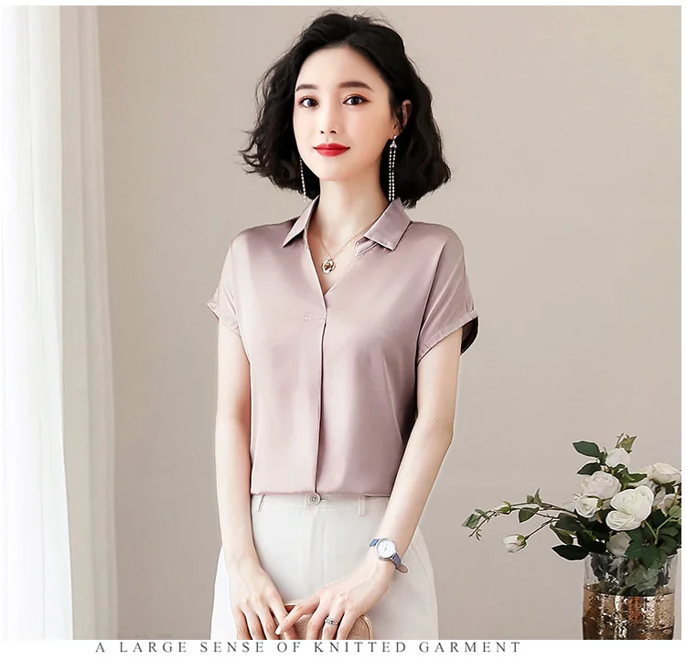 Корейские модные шелковые женские блузки, атласные однотонные розовые женские рубашки с коротким рукавом размера плюс XXXL, Женские топы и блузки