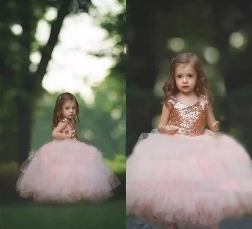 

Puffy Girls Dress Rose Gold Sequins Tulle Ball Gown Flower Girls Dresses 2017 Cap Sleeve Puffy Little Girls for Wedding