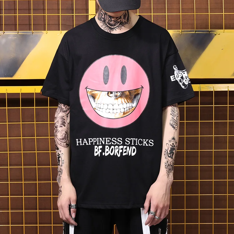 

Tide card men's round neck short sleeve punk wind spoof skull t-shirt loose tee