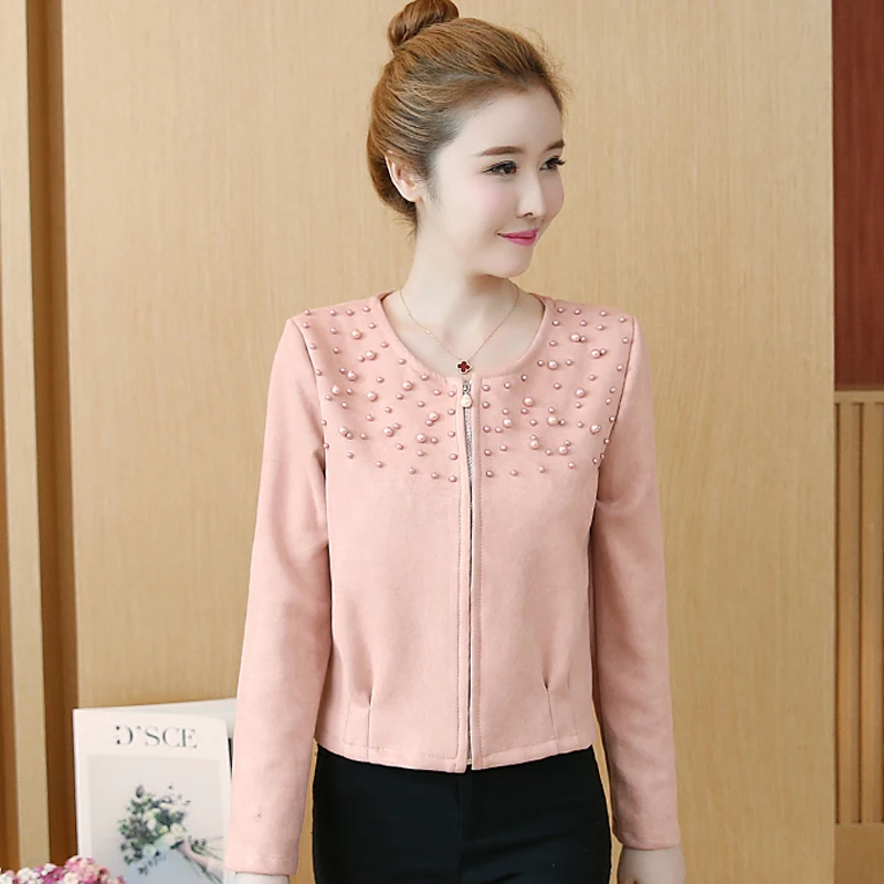 

Women Pearls High Waist Jackets Female Autumn Korean Solid O-Neck Zipper Cropped Jackets Women Causul Elegant Long Sleeve Coats