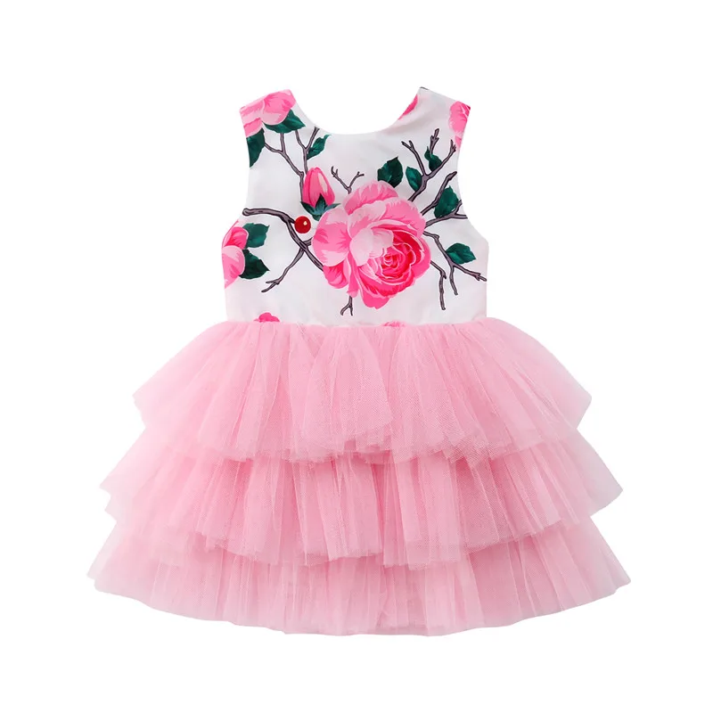 

2018 Rose Flower Girls Summer Tutu Dress Kids Baby Girl Floral Tulle Backless Bow Dresses Sundress Children Girls Clothes 1-5T