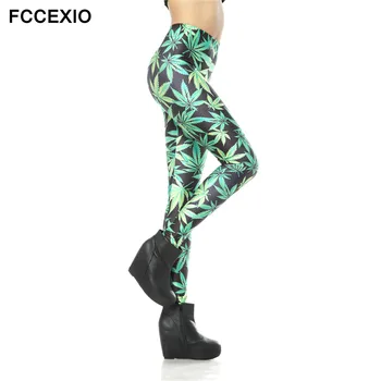 

FCCEXIO New Weed Green Leaves Print Women's Leggings Workout High Waist Fitness Stretchy Seamless Full Length Basic Leggings