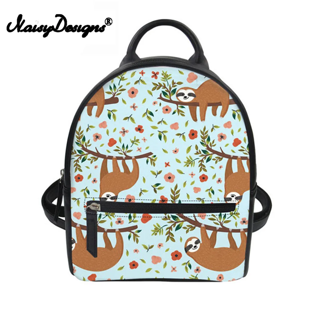 Backpack Female Pu Leather Backpack Women Cute Floral Sloth Print Mini Travel mochila for Teenager Girls School Bagpack
