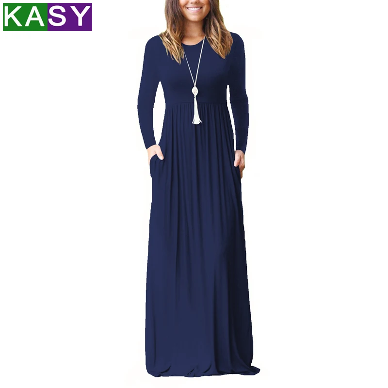 

Autumn Women Blue Dress With Pockets Casual Solid Long Sleeve Vintage Maxi Dress Long Elegant Dress maxi vestidos de mujer largo