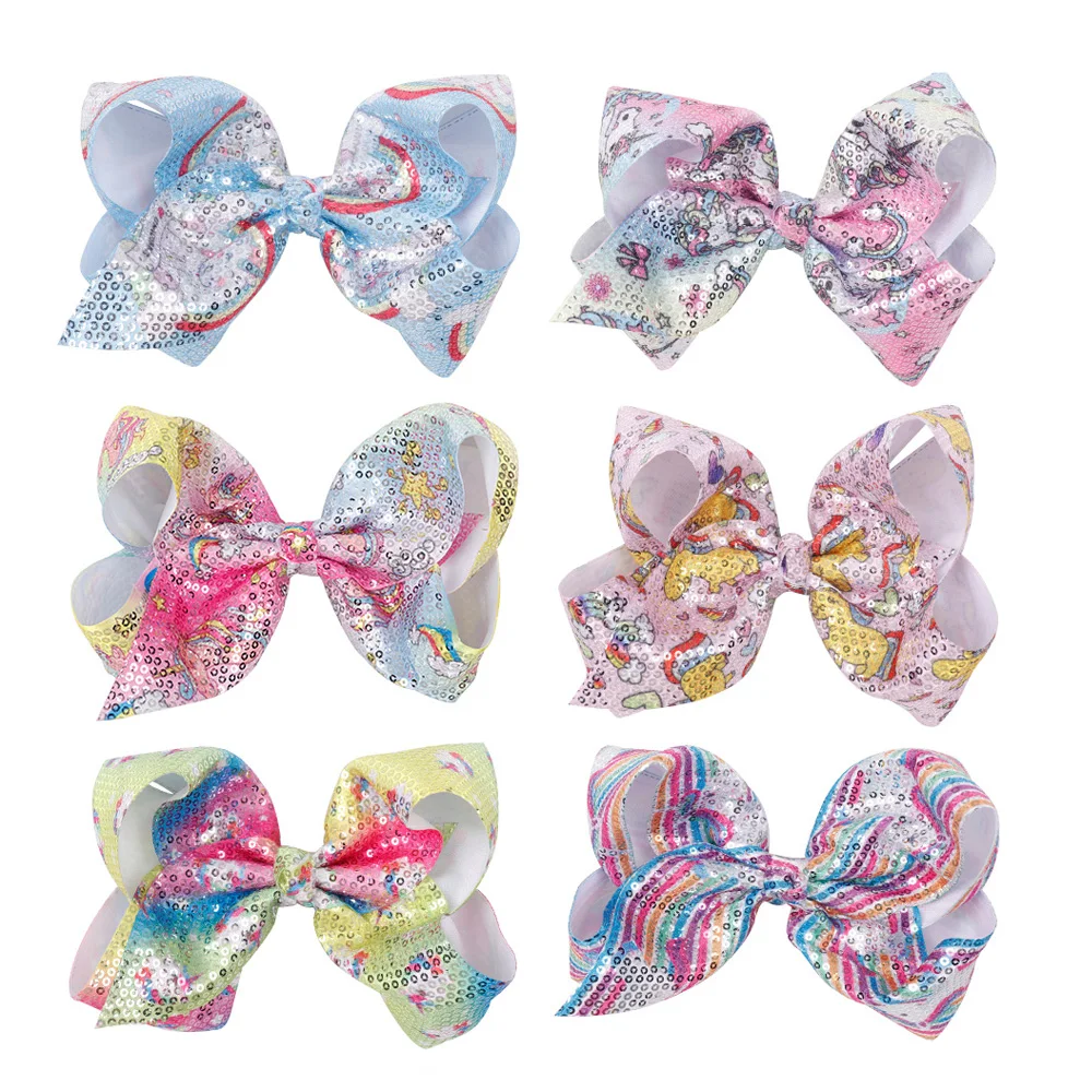 7-Inch-Large-Cartoon-Party-Hair-Bow-Sequin-Knotted-Rainbow-With-Alligator-Clip-For-Girls-Kids