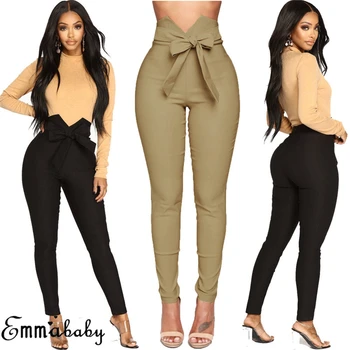 

High Waist Women Casual Pants Lace Up Waist Ladies Summer Trousers Fashion Women Slim Long Pencil Trousers