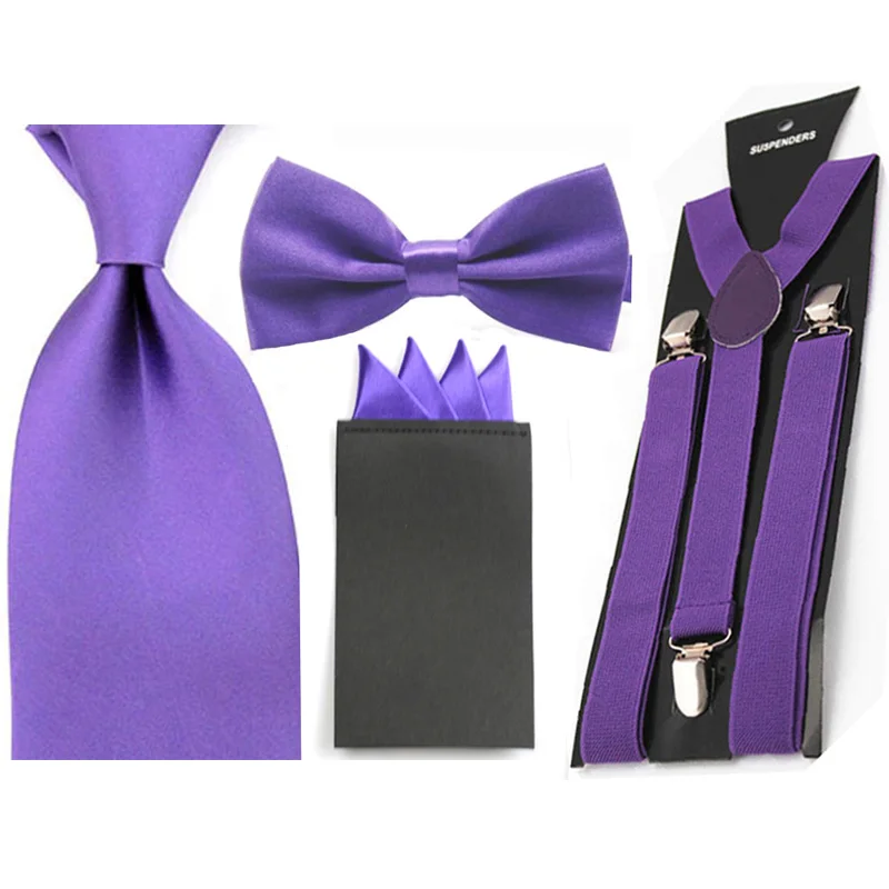 Mens Solid Bowtie 8cm Necktie 4 Folds Handkerchief Pocket Square Suspender Set SETBW0048