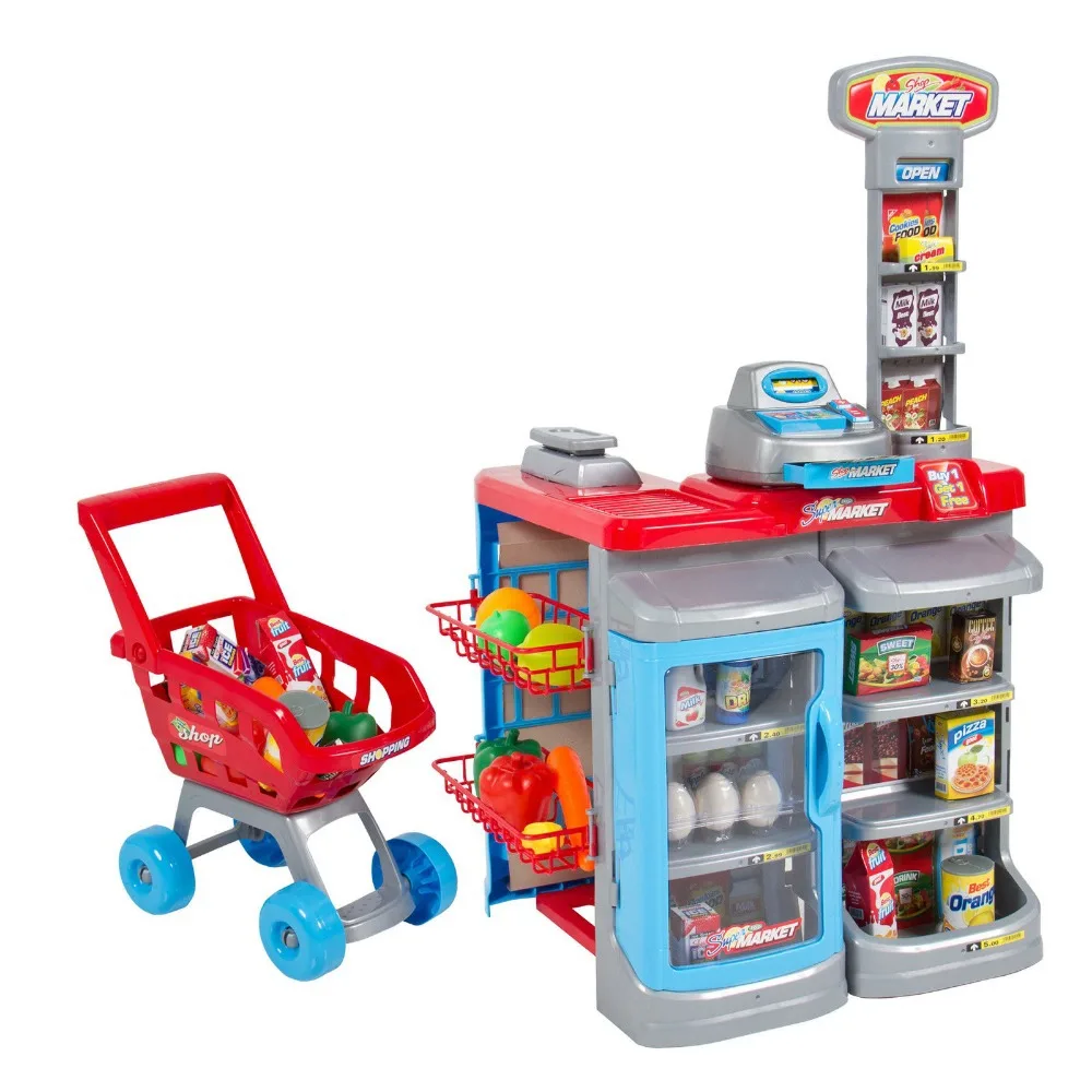 Kids Pretend Playset Play Grocery Store Cash Register Shopping Cart Toy