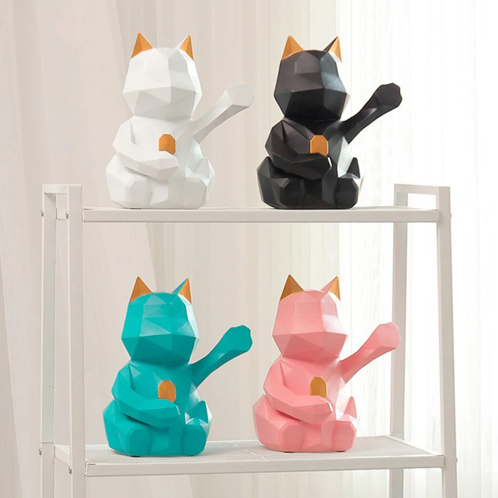 3D Abstract Art Geometric Fortune Lucky Cat Sculpture Resin Animal Statue Figurines Feng Shui Decor