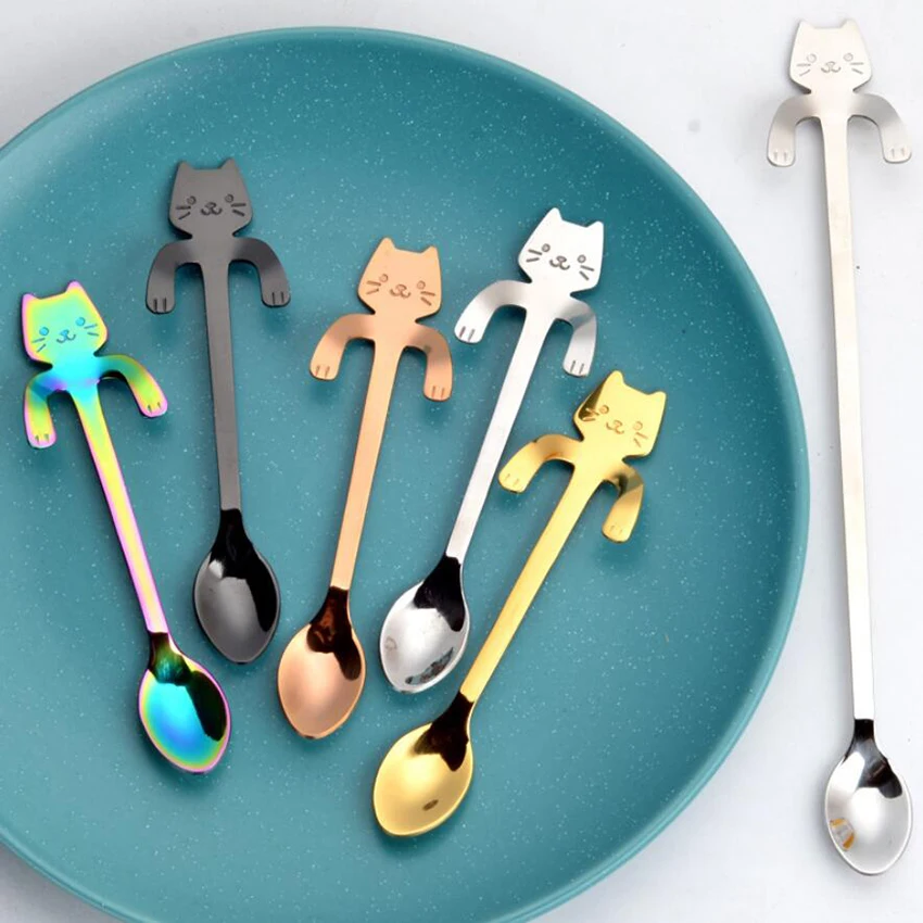 С рисунком кота чайные ложки нержавеющая сталь Милые Ложки «Кошка» Творческий Мороженое десерт длинной ручкой Кофе и чай ложка посуда