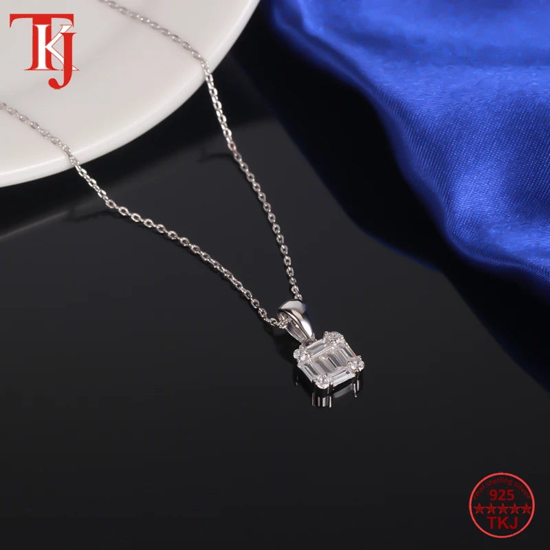 TKJ 925 Sterling Silver Pendant Square Baguette Pendant Daily Jewelry With Chian 40+5cm-5
