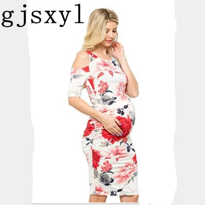 Gjsxyl Maternity dress Photo shoot Europe and the United States round neck strapless flower print loose pregnant women dress 
