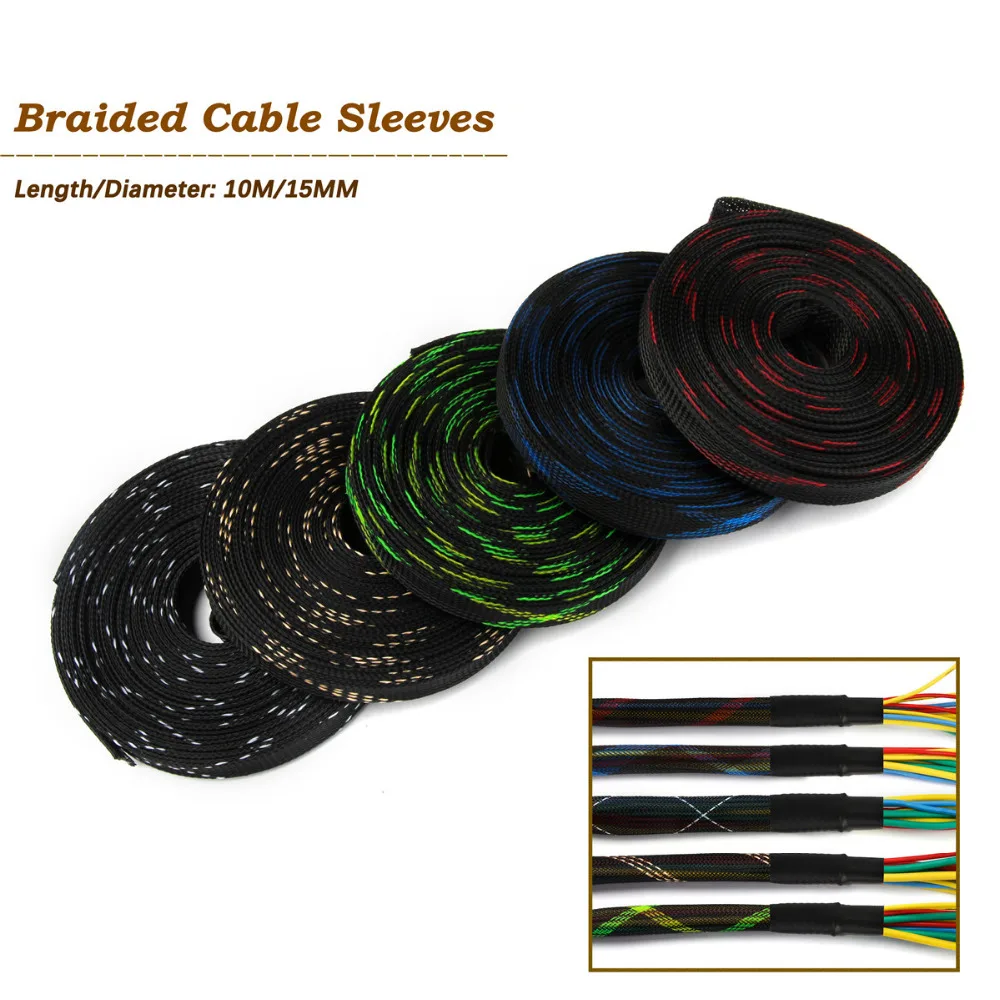 10 м 15 мм ПЭТ нейлоновый плетеный кабель рукав высокой плотности провода кабель защиты обшивка расширяемая изоляция провода гильзы