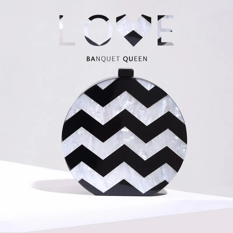 

New Fashion Unique Cute Round Stripe Acrylic Patchwork Handbag Woman Clutch Luxury Novel Handbag Prom Party Bag