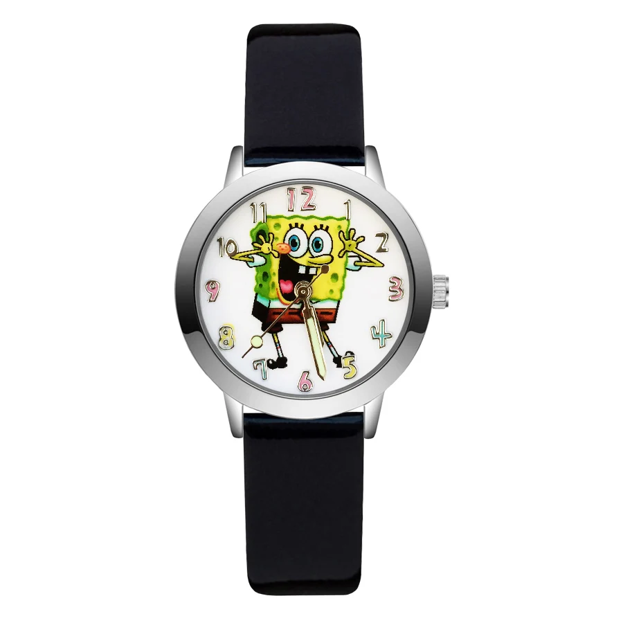 Модные детские часы с милым рисунком Губка Боб, кварцевые кожаные Наручные часы для девочек, JA137