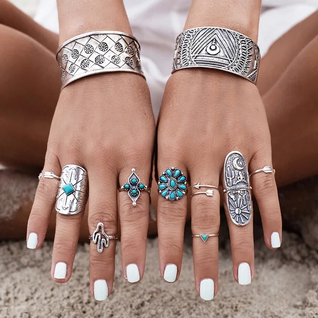 On Sale Gypsy Style Carved Ring Set – 9 pieces