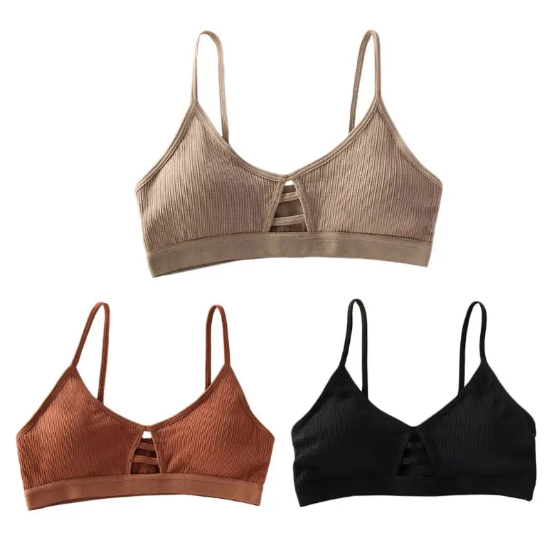 

Women Sexy V-Neck Thread Ribbed Bralette Solid Color Hollow Strappy Underwear Training Bra Wire Free Padded Sport Crop Top 2019