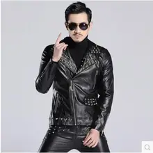 DJ мужчины новая верхняя одежда личности заклепки кожаная куртка пальто мотоцикл мужской костюм певица костюмы одежда