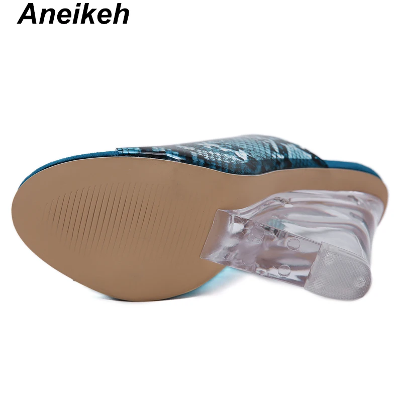 Aneikeh Summer Women's Sexy Slippers Transparent Snake Wedge Slippers Toe Super High Trapezoidal High Heel Shoes Size 35-40