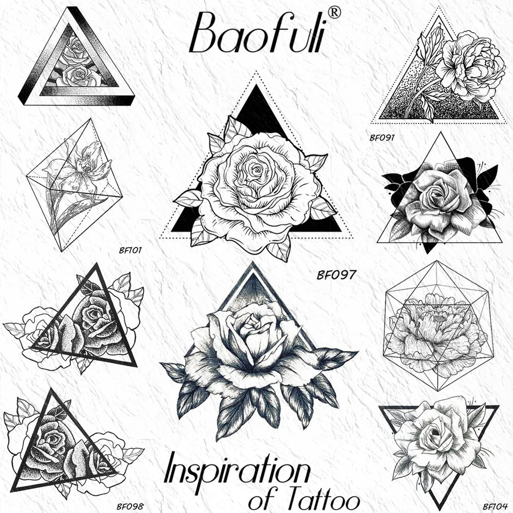 

Geometric Rose Triangle Temporary Tattoos Sticker Peony Flower Leaves Black Fake Tatoo Draw Body Art Waterproof Arm Neck Tattoos