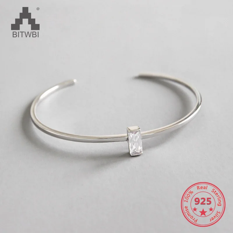 

2018 New 100% 925 Sterling Silver Stylish Square Zircon Open Bangles for Women Fashion Jewelry